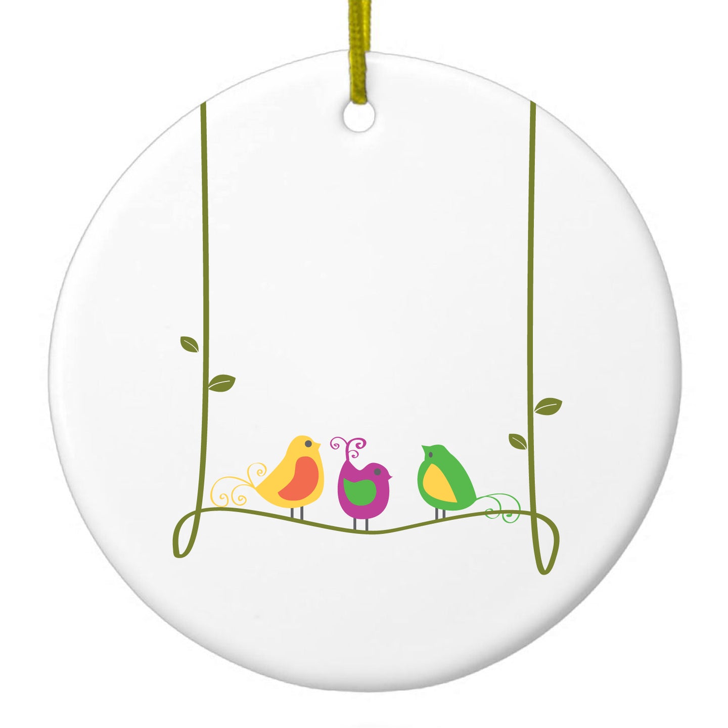 DistinctInk® Hanging Ceramic Christmas Tree Ornament with Gold String - Great Gift / Present - 2 3/4 inch Diameter - Colorful Birds Cartoon on a Vine