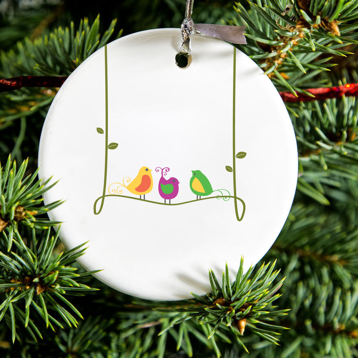 Colorful Birds Cartoon on a Vine Ceramic Ornament, view 2