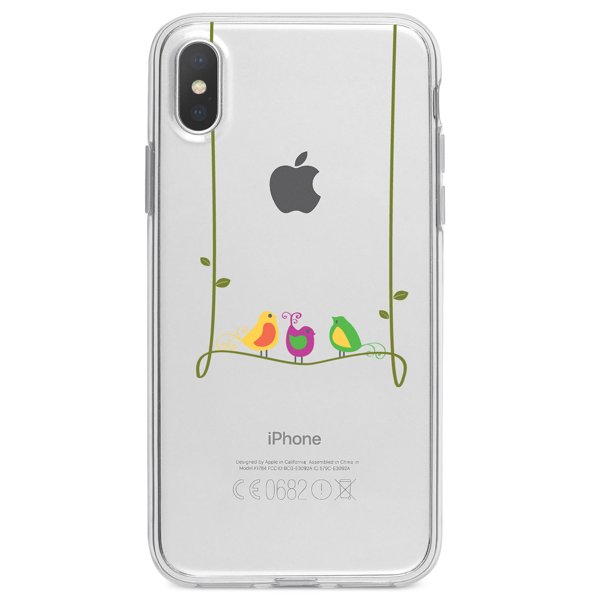 Colorful Birds Cartoon on a Vine Clear Shockproof iPhone Case, view 3