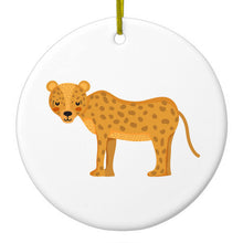 DistinctInk® Hanging Ceramic Christmas Tree Ornament with Gold String - Great Gift / Present - 2 3/4 inch Diameter - Cartoon Cheetah Leopard
