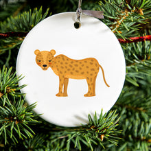 DistinctInk® Hanging Ceramic Christmas Tree Ornament with Gold String - Great Gift / Present - 2 3/4 inch Diameter - Cartoon Cheetah Leopard