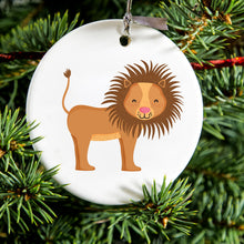 DistinctInk® Hanging Ceramic Christmas Tree Ornament with Gold String - Great Gift / Present - 2 3/4 inch Diameter - Cute Cartoon Lion