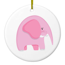 DistinctInk® Hanging Ceramic Christmas Tree Ornament with Gold String - Great Gift / Present - 2 3/4 inch Diameter - Cute Cartoon Elephant - Pink
