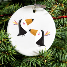 DistinctInk® Hanging Ceramic Christmas Tree Ornament with Gold String - Great Gift / Present - 2 3/4 inch Diameter - Cute Cartoon Toucans