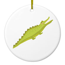 DistinctInk® Hanging Ceramic Christmas Tree Ornament with Gold String - Great Gift / Present - 2 3/4 inch Diameter - Cute Cartoon Alligator