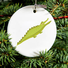 DistinctInk® Hanging Ceramic Christmas Tree Ornament with Gold String - Great Gift / Present - 2 3/4 inch Diameter - Cute Cartoon Alligator