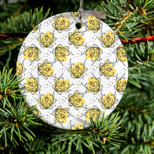 DistinctInk® Hanging Ceramic Christmas Tree Ornament with Gold String - Great Gift / Present - 2 3/4 inch Diameter - Wildflower Yellow Graffiti