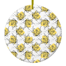 DistinctInk® Hanging Ceramic Christmas Tree Ornament with Gold String - Great Gift / Present - 2 3/4 inch Diameter - Wildflower Yellow Graffiti