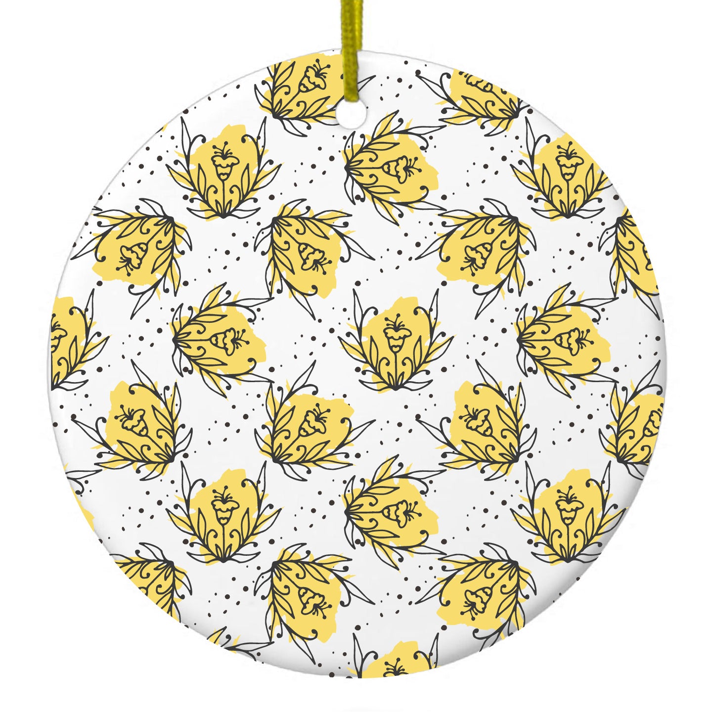 DistinctInk® Hanging Ceramic Christmas Tree Ornament with Gold String - Great Gift / Present - 2 3/4 inch Diameter - Wildflower Yellow Graffiti