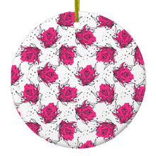 DistinctInk® Hanging Ceramic Christmas Tree Ornament with Gold String - Great Gift / Present - 2 3/4 inch Diameter - Wildflower Pink Graffiti
