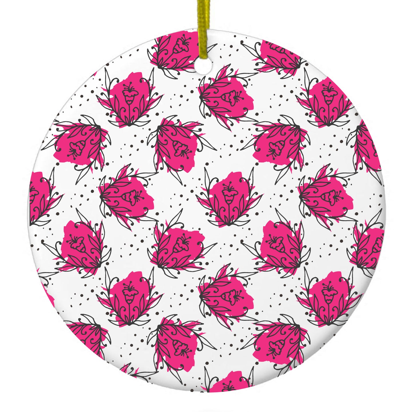 DistinctInk® Hanging Ceramic Christmas Tree Ornament with Gold String - Great Gift / Present - 2 3/4 inch Diameter - Wildflower Pink Graffiti