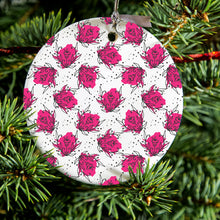 DistinctInk® Hanging Ceramic Christmas Tree Ornament with Gold String - Great Gift / Present - 2 3/4 inch Diameter - Wildflower Pink Graffiti