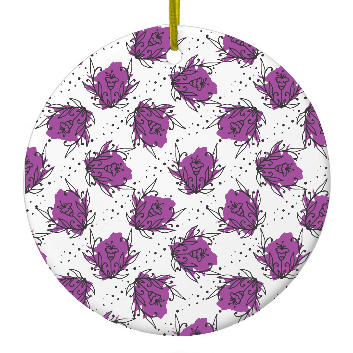 DistinctInk® Hanging Ceramic Christmas Tree Ornament with Gold String - Great Gift / Present - 2 3/4 inch Diameter - Wildflower Purple Graffiti