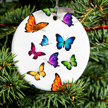 DistinctInk® Hanging Ceramic Christmas Tree Ornament with Gold String - Great Gift / Present - 2 3/4 inch Diameter - Rainbow Butterflies Butterfly