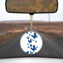 DistinctInk® Hanging Ceramic Christmas Tree Ornament with Gold String - Great Gift / Present - 2 3/4 inch Diameter - Blue Butterflies Butterfly