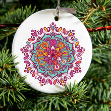 DistinctInk® Hanging Ceramic Christmas Tree Ornament with Gold String - Great Gift / Present - 2 3/4 inch Diameter - Jewel Tone Mandala Colorful