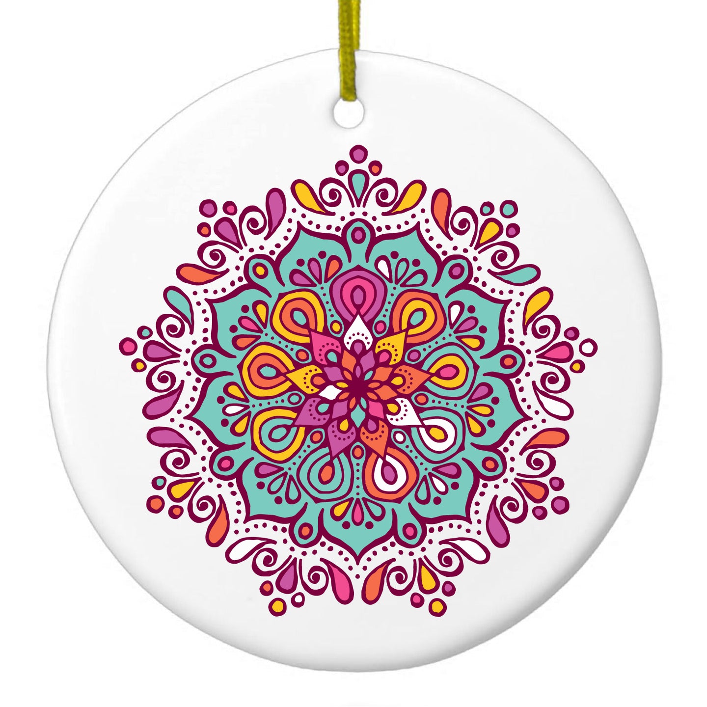 DistinctInk® Hanging Ceramic Christmas Tree Ornament with Gold String - Great Gift / Present - 2 3/4 inch Diameter - Jewel Tone Mandala Colorful