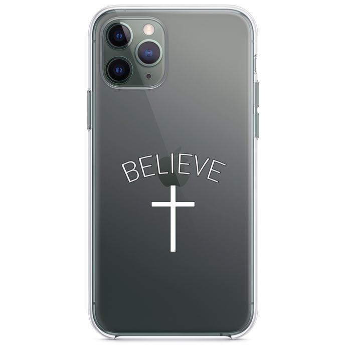 DistinctInk® Clear Shockproof Hybrid Case for Apple iPhone / Samsung Galaxy / Google Pixel - BELIEVE - Cross, Jesus