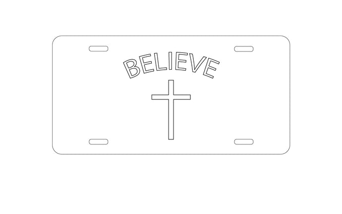 DistinctInk Custom Aluminum Decorative Vanity Front License Plate - BELIEVE - Cross, Jesus