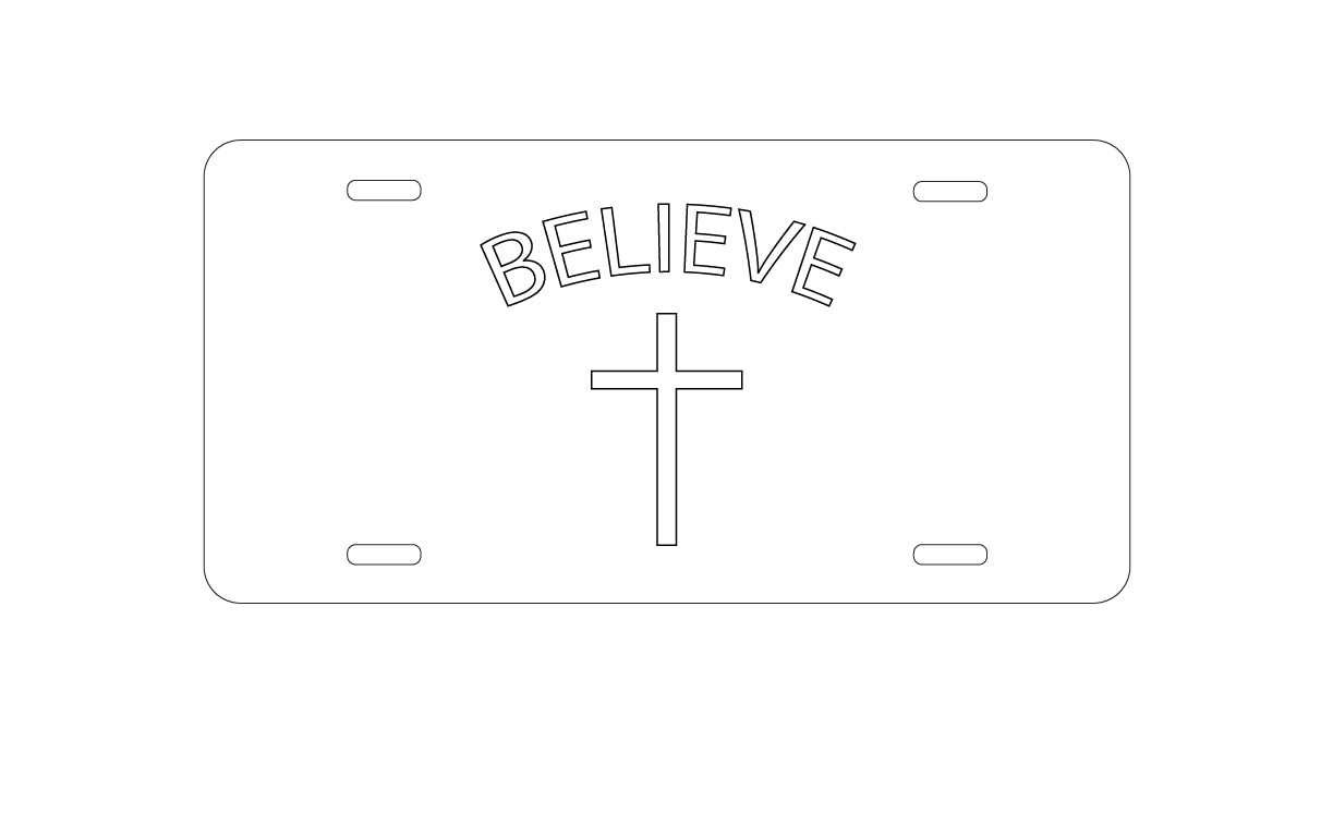 DistinctInk Custom Aluminum Decorative Vanity Front License Plate - BELIEVE - Cross, Jesus