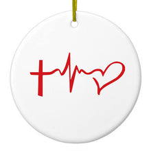 DistinctInk® Hanging Ceramic Christmas Tree Ornament with Gold String - Great Gift / Present - 2 3/4 inch Diameter - Cross Heart - Faith Hope Love