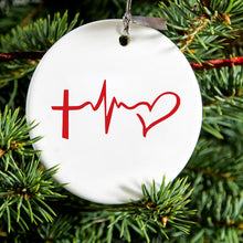 DistinctInk® Hanging Ceramic Christmas Tree Ornament with Gold String - Great Gift / Present - 2 3/4 inch Diameter - Cross Heart - Faith Hope Love