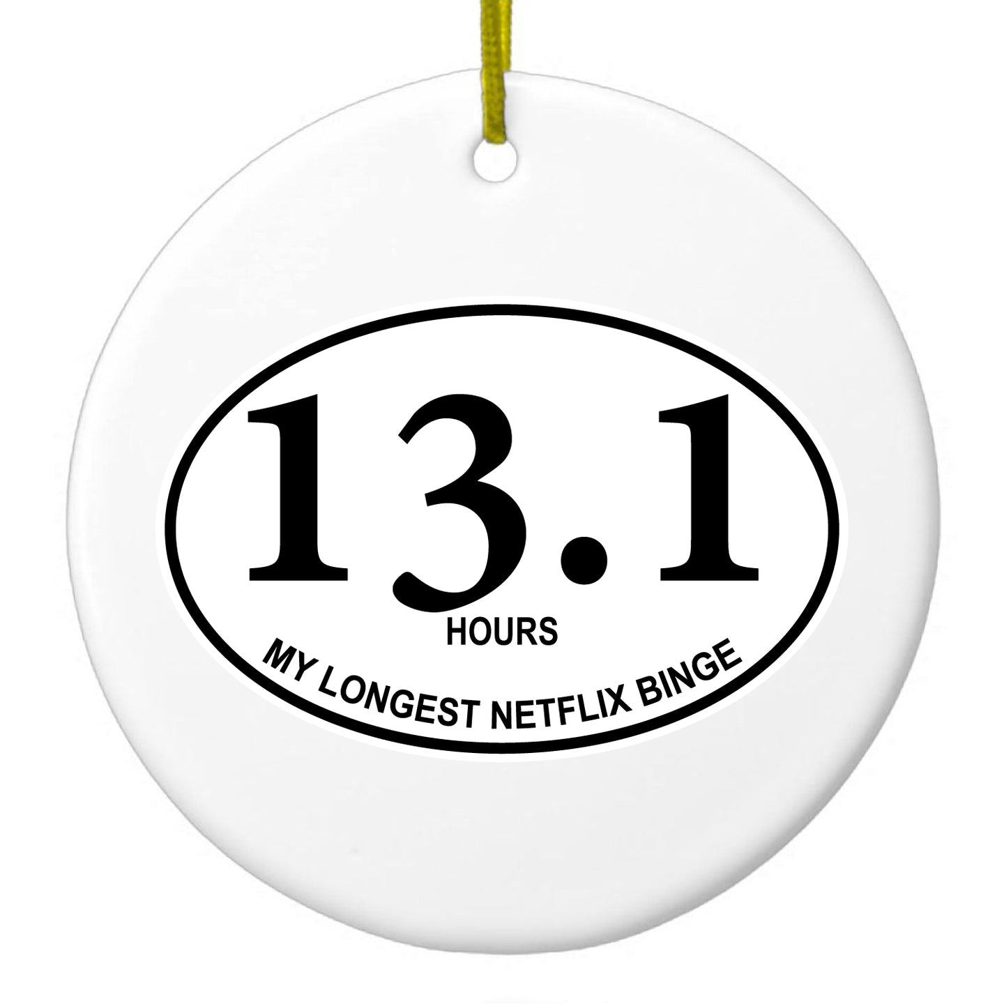 DistinctInk® Hanging Ceramic Christmas Tree Ornament with Gold String - Great Gift / Present - 2 3/4 inch Diameter - 13.1 - Hours - Longest TV Binge