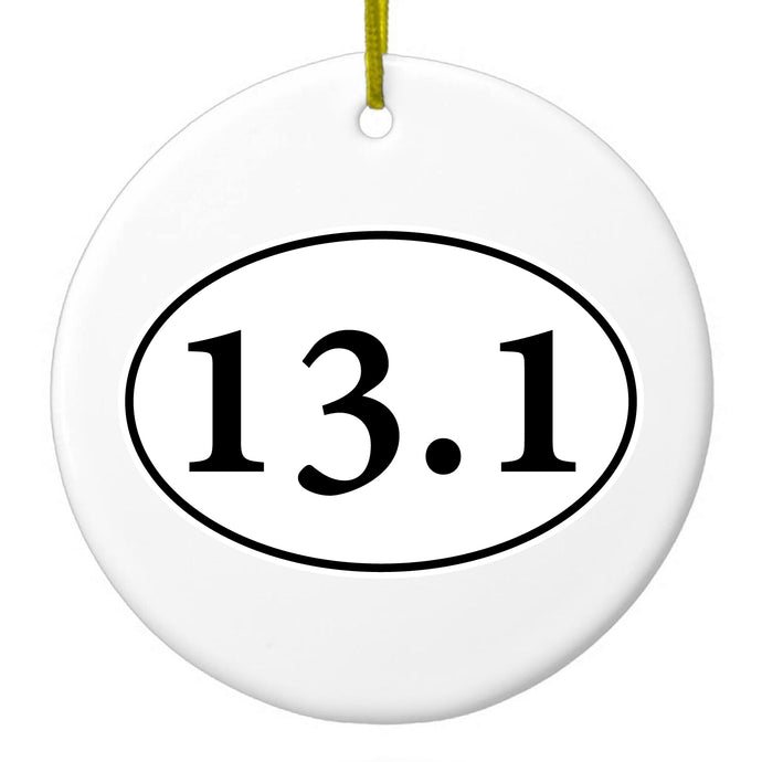 DistinctInk® Hanging Ceramic Christmas Tree Ornament with Gold String - Great Gift / Present - 2 3/4 inch Diameter - 13.1 - Half Marathon Sticker - Running