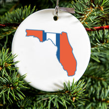 DistinctInk® Hanging Ceramic Christmas Tree Ornament with Gold String - Great Gift / Present - 2 3/4 inch Diameter - Orange & Blue State of Florida