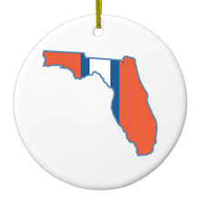 DistinctInk® Hanging Ceramic Christmas Tree Ornament with Gold String - Great Gift / Present - 2 3/4 inch Diameter - Orange & Blue State of Florida