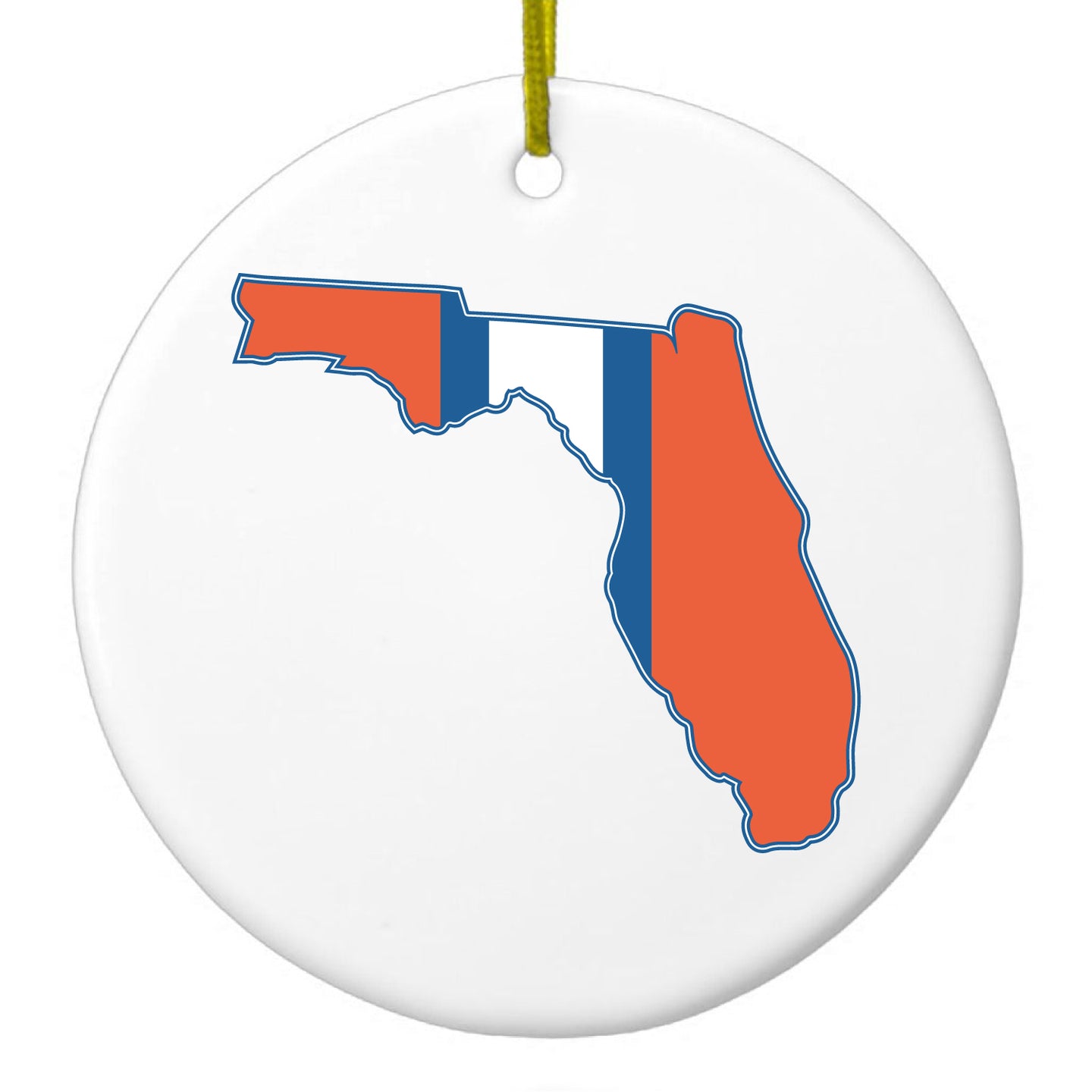 DistinctInk® Hanging Ceramic Christmas Tree Ornament with Gold String - Great Gift / Present - 2 3/4 inch Diameter - Orange & Blue State of Florida