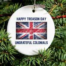 DistinctInk® Hanging Ceramic Christmas Tree Ornament with Gold String - Great Gift / Present - 2 3/4 inch Diameter - Happy Treason Day Ungrateful Colonials