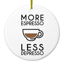 DistinctInk® Hanging Ceramic Christmas Tree Ornament with Gold String - Great Gift / Present - 2 3/4 inch Diameter - More Espresso Less Depresso