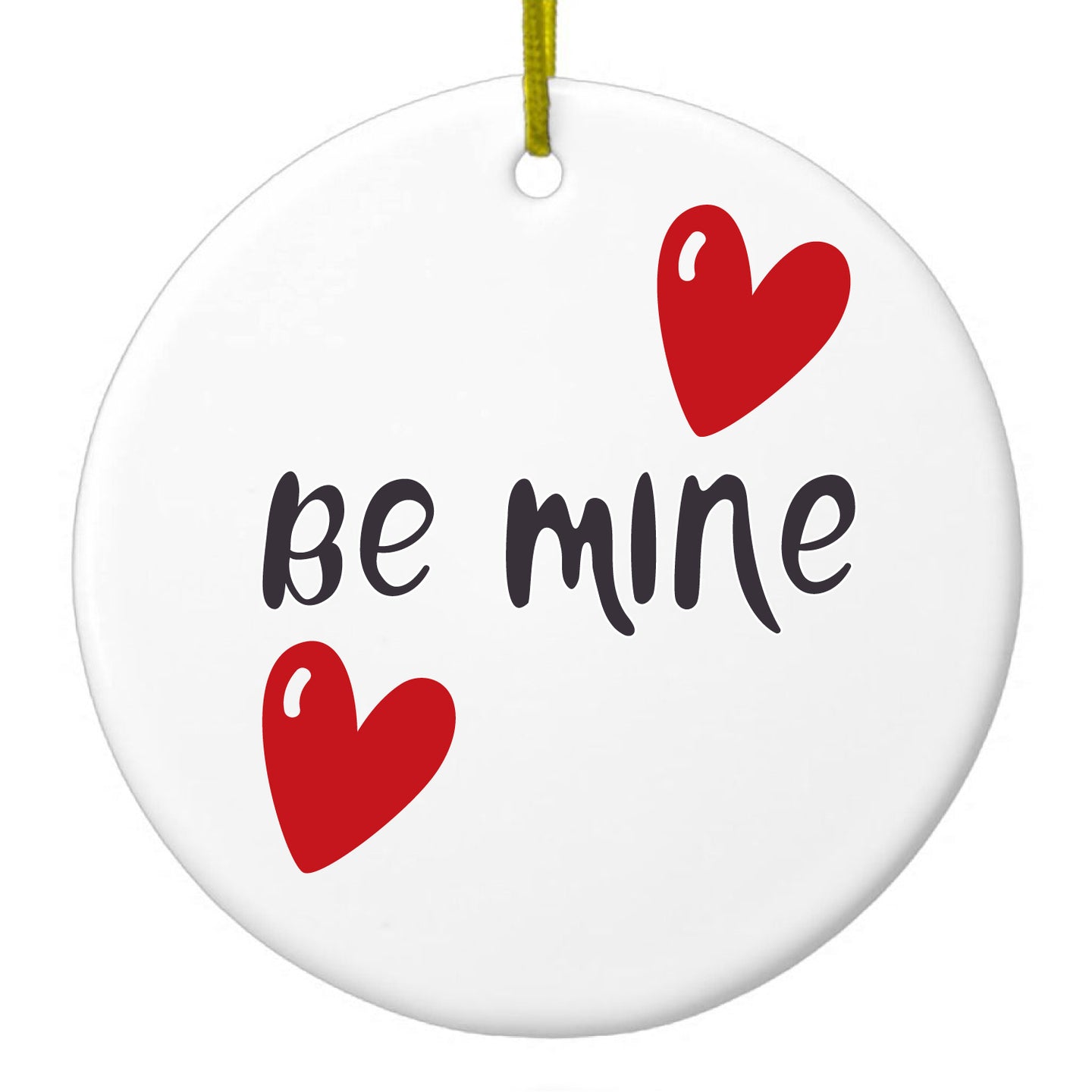 DistinctInk® Hanging Ceramic Christmas Tree Ornament with Gold String - Great Gift / Present - 2 3/4 inch Diameter - Be Mine - Red Hearts