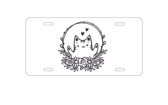 DistinctInk Custom Aluminum Decorative Vanity Front License Plate - Valentine Cat - Wreath Hearts