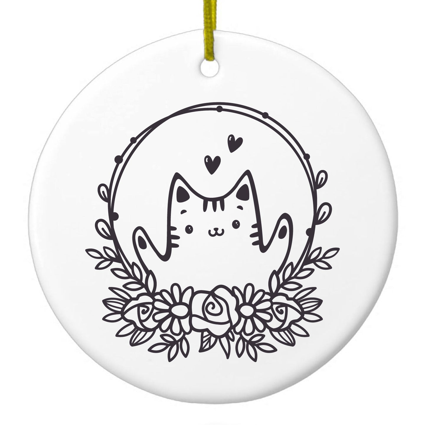 DistinctInk® Hanging Ceramic Christmas Tree Ornament with Gold String - Great Gift / Present - 2 3/4 inch Diameter - Valentine Cat - Wreath Hearts