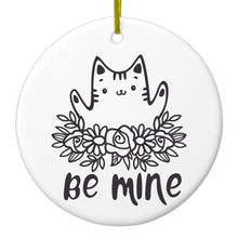 DistinctInk® Hanging Ceramic Christmas Tree Ornament with Gold String - Great Gift / Present - 2 3/4 inch Diameter - Valentine Cat - Be Mine Flowers