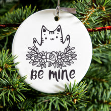 DistinctInk® Hanging Ceramic Christmas Tree Ornament with Gold String - Great Gift / Present - 2 3/4 inch Diameter - Valentine Cat - Be Mine Flowers