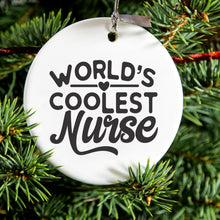 DistinctInk® Hanging Ceramic Christmas Tree Ornament with Gold String - Great Gift / Present - 2 3/4 inch Diameter - World's Coolest Nurse - Black