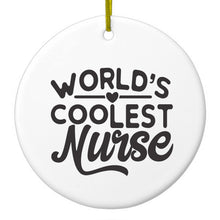 DistinctInk® Hanging Ceramic Christmas Tree Ornament with Gold String - Great Gift / Present - 2 3/4 inch Diameter - World's Coolest Nurse - Black