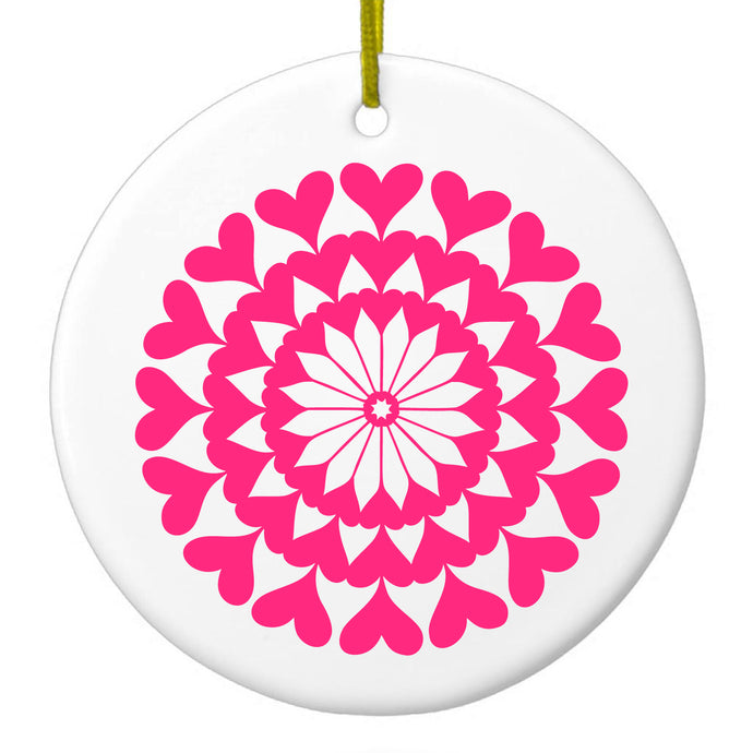 Hot Pink Hearts Mandala Ceramic Ornament