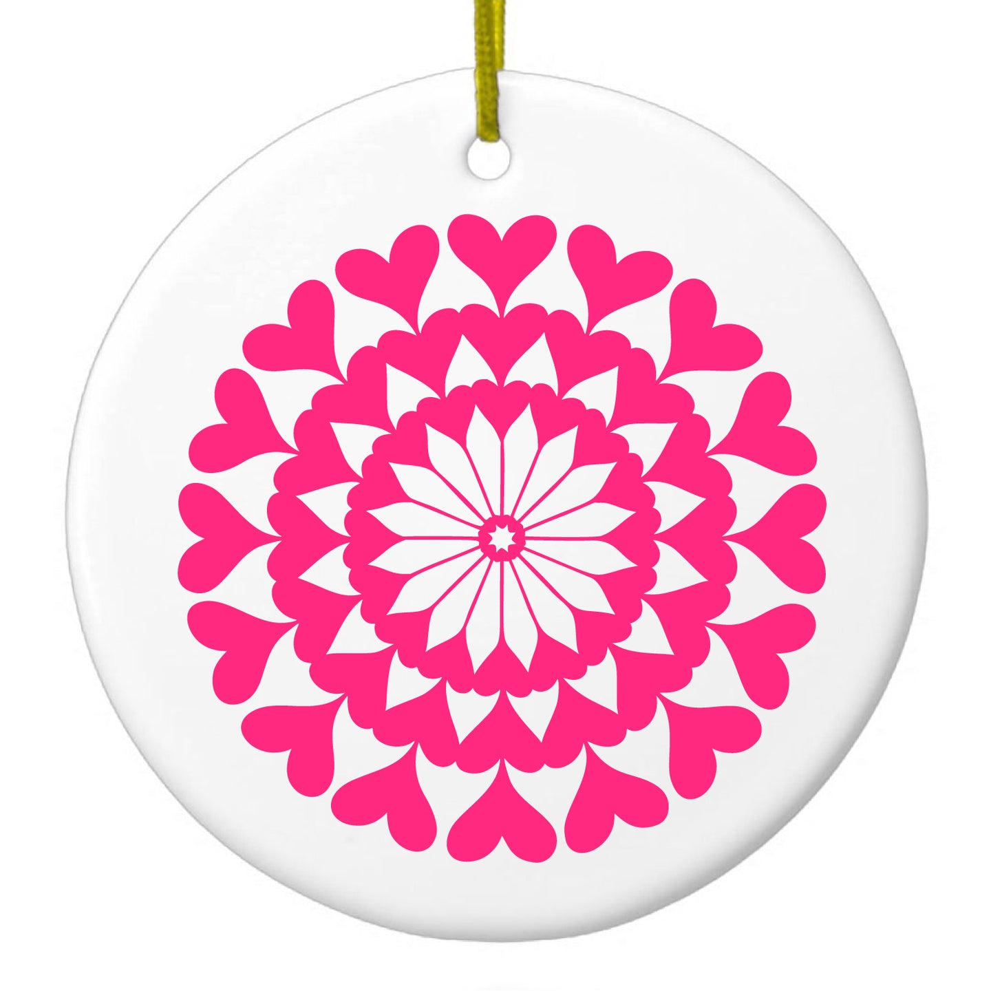 DistinctInk® Hanging Ceramic Christmas Tree Ornament with Gold String - Great Gift / Present - 2 3/4 inch Diameter - Hot Pink Hearts Mandala