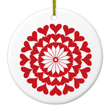 DistinctInk® Hanging Ceramic Christmas Tree Ornament with Gold String - Great Gift / Present - 2 3/4 inch Diameter - Red Hearts Mandala