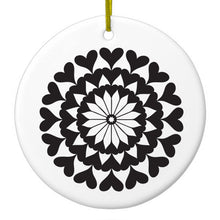 DistinctInk® Hanging Ceramic Christmas Tree Ornament with Gold String - Great Gift / Present - 2 3/4 inch Diameter - Black Hearts Mandala