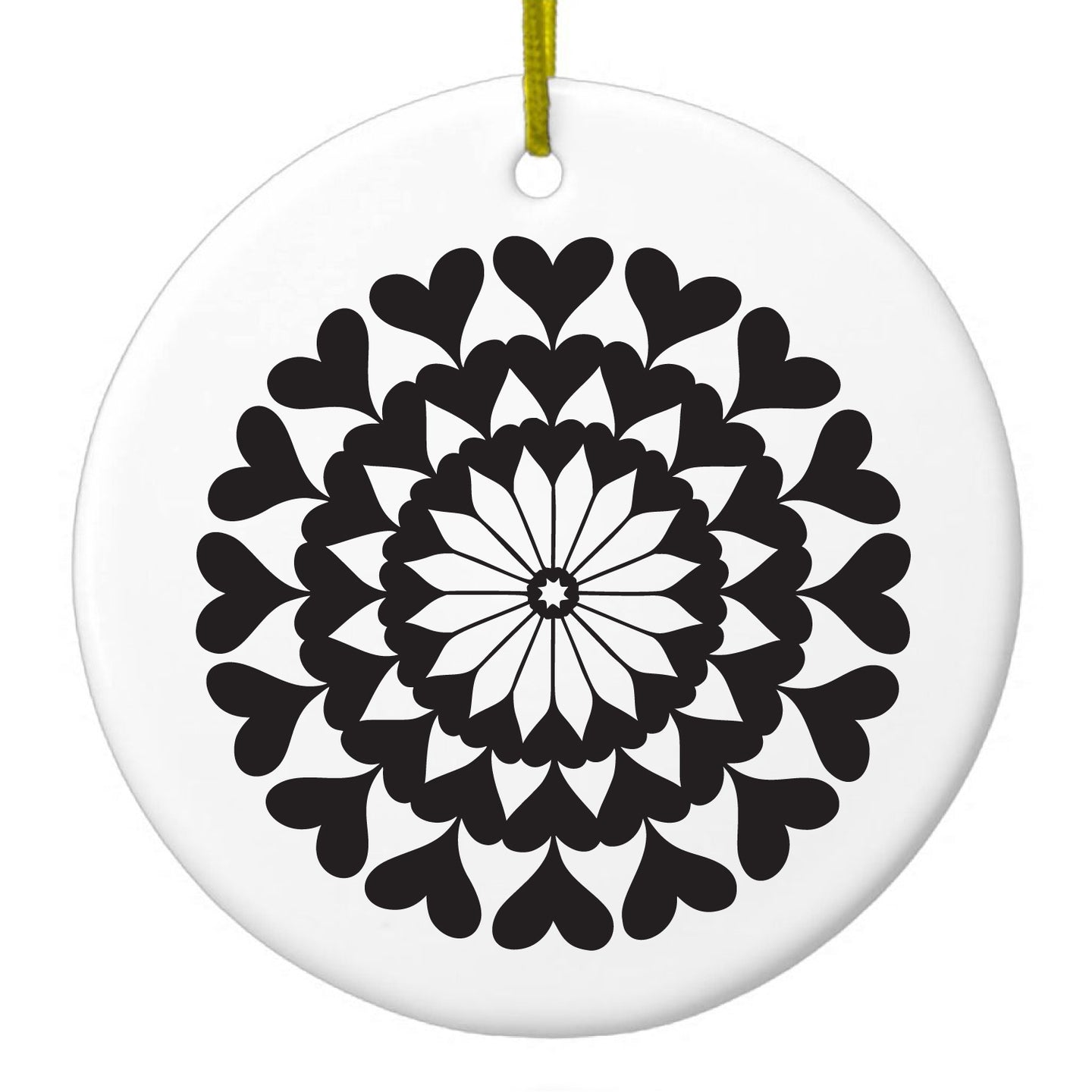 DistinctInk® Hanging Ceramic Christmas Tree Ornament with Gold String - Great Gift / Present - 2 3/4 inch Diameter - Black Hearts Mandala
