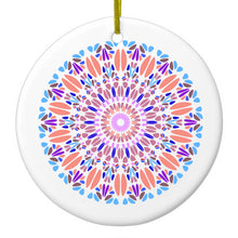 DistinctInk® Hanging Ceramic Christmas Tree Ornament with Gold String - Great Gift / Present - 2 3/4 inch Diameter - Modern Mandala - Blue Peach Purple