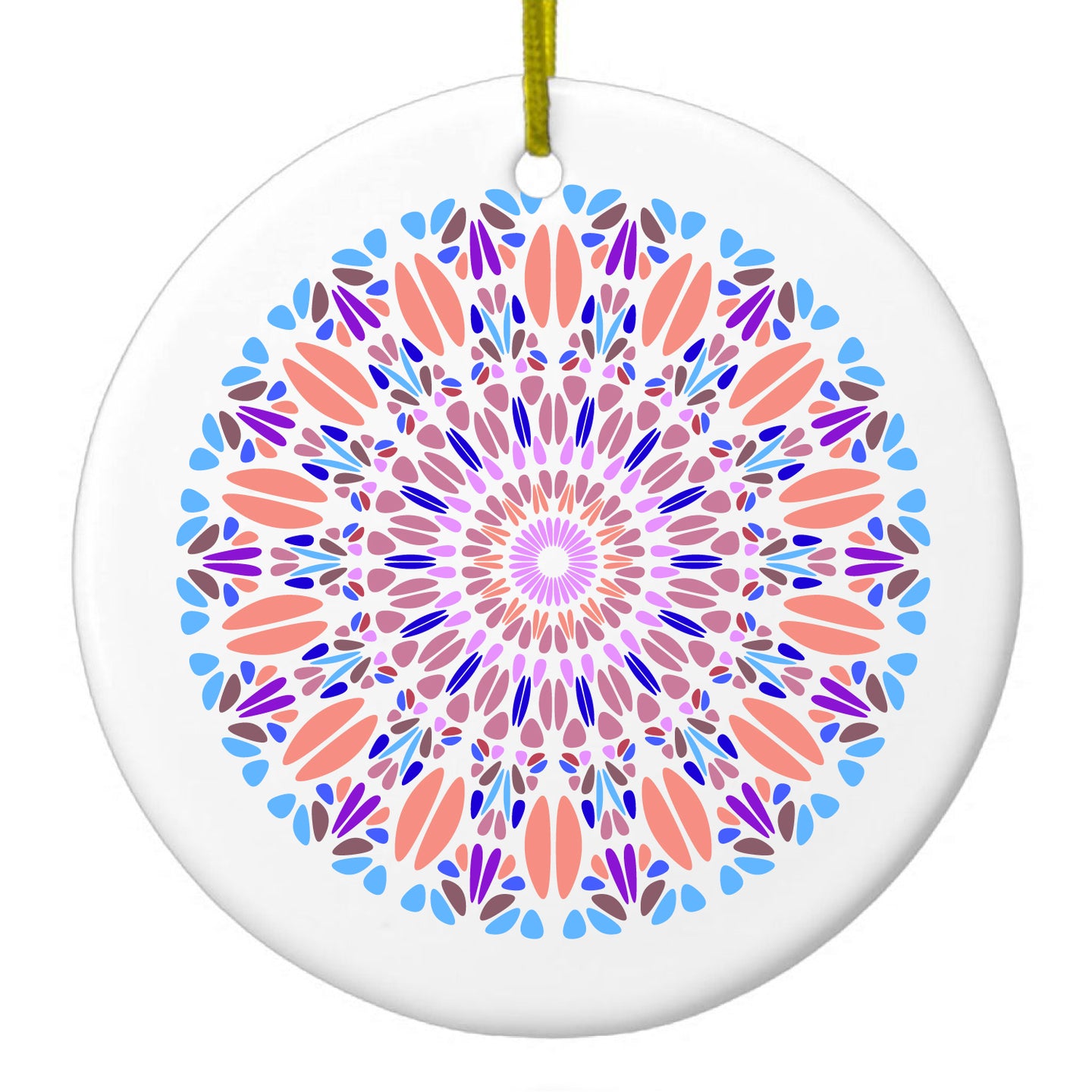 DistinctInk® Hanging Ceramic Christmas Tree Ornament with Gold String - Great Gift / Present - 2 3/4 inch Diameter - Modern Mandala - Blue Peach Purple