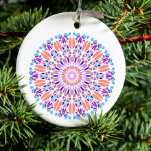 DistinctInk® Hanging Ceramic Christmas Tree Ornament with Gold String - Great Gift / Present - 2 3/4 inch Diameter - Modern Mandala - Blue Peach Purple