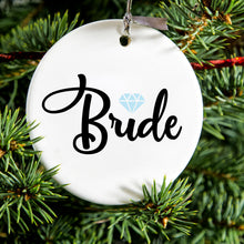 DistinctInk® Hanging Ceramic Christmas Tree Ornament with Gold String - Great Gift / Present - 2 3/4 inch Diameter - Bride Diamond - Wedding Design