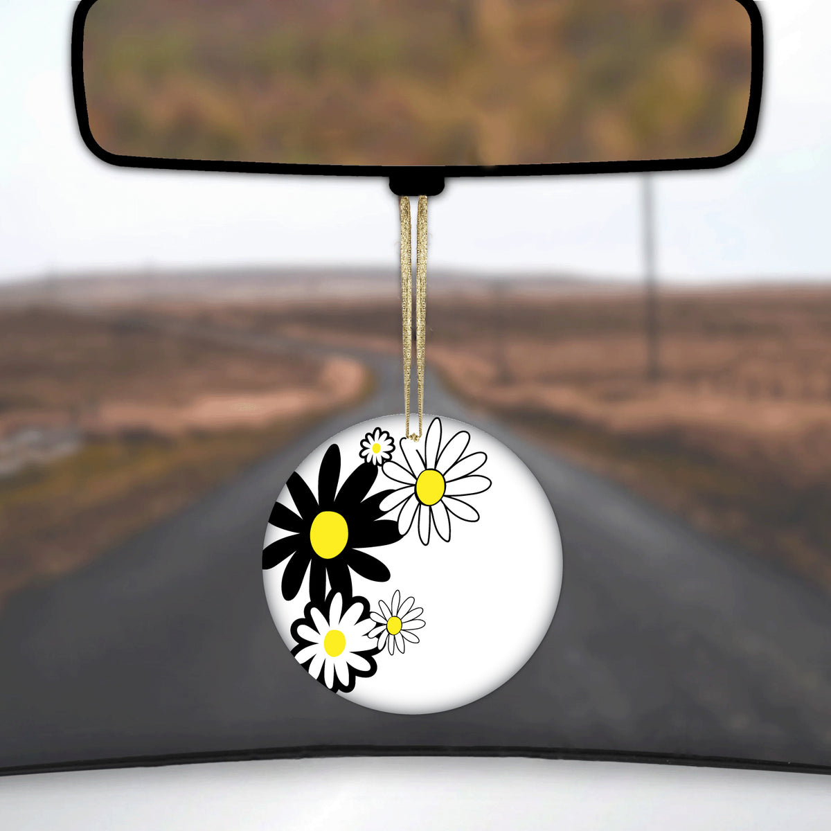 Black & Yellow Modern Daisies Ceramic Ornament, view 3